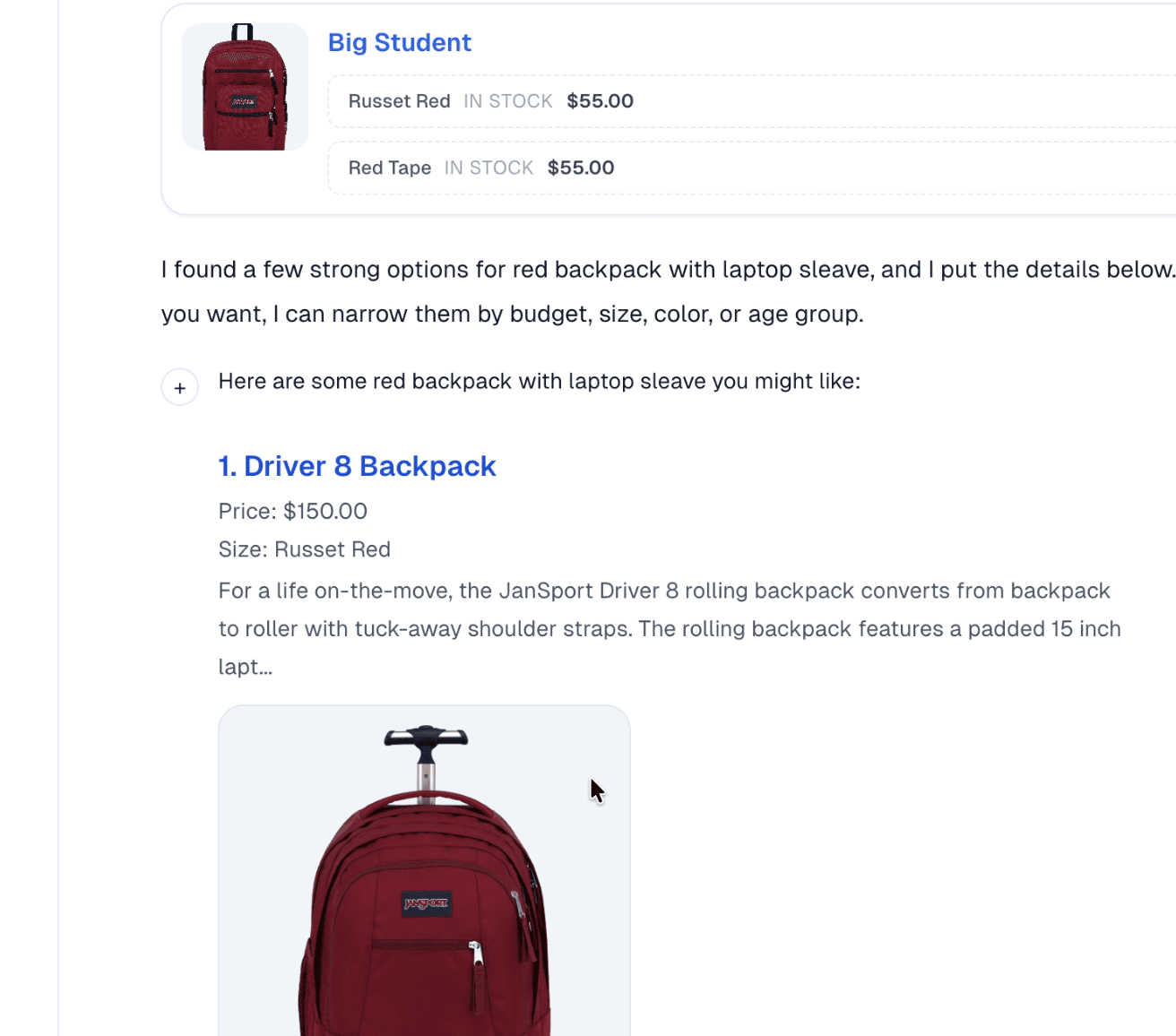 Sellbot AiML storefront conversation recommending a red backpack with laptop sleeve